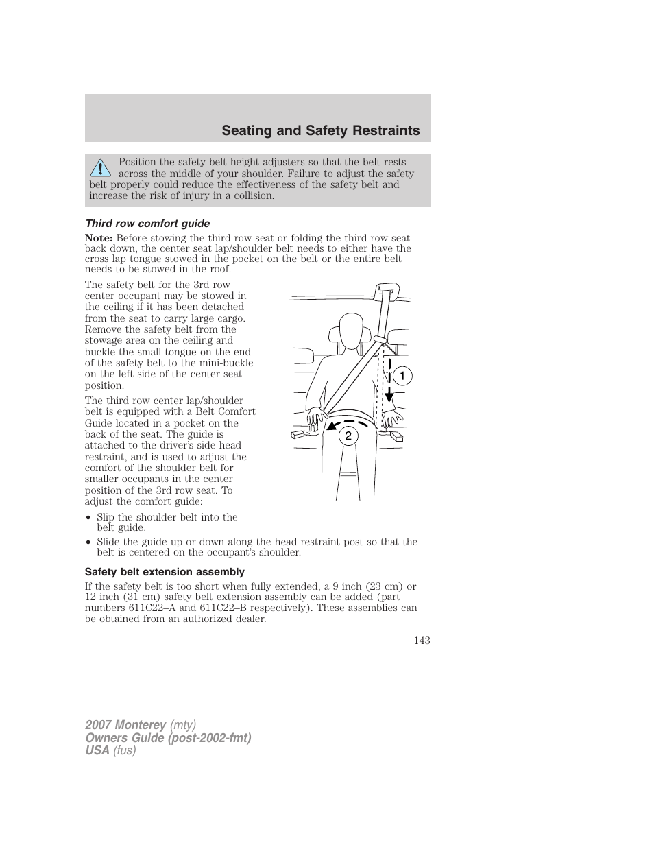 Third row comfort guide, Safety belt extension assembly, Seating and safety restraints | Mercury Mariner Hybrid 2007 User Manual | Page 143 / 312