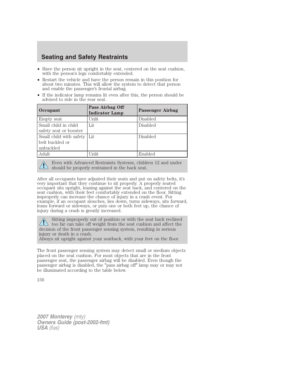 Seating and safety restraints | Mercury Mariner Hybrid 2007 User Manual | Page 156 / 312