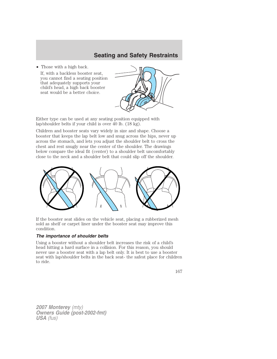 The importance of shoulder belts, Seating and safety restraints | Mercury Mariner Hybrid 2007 User Manual | Page 167 / 312