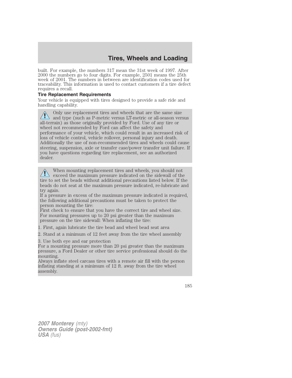Tire replacement requirements, Tires, wheels and loading | Mercury Mariner Hybrid 2007 User Manual | Page 185 / 312