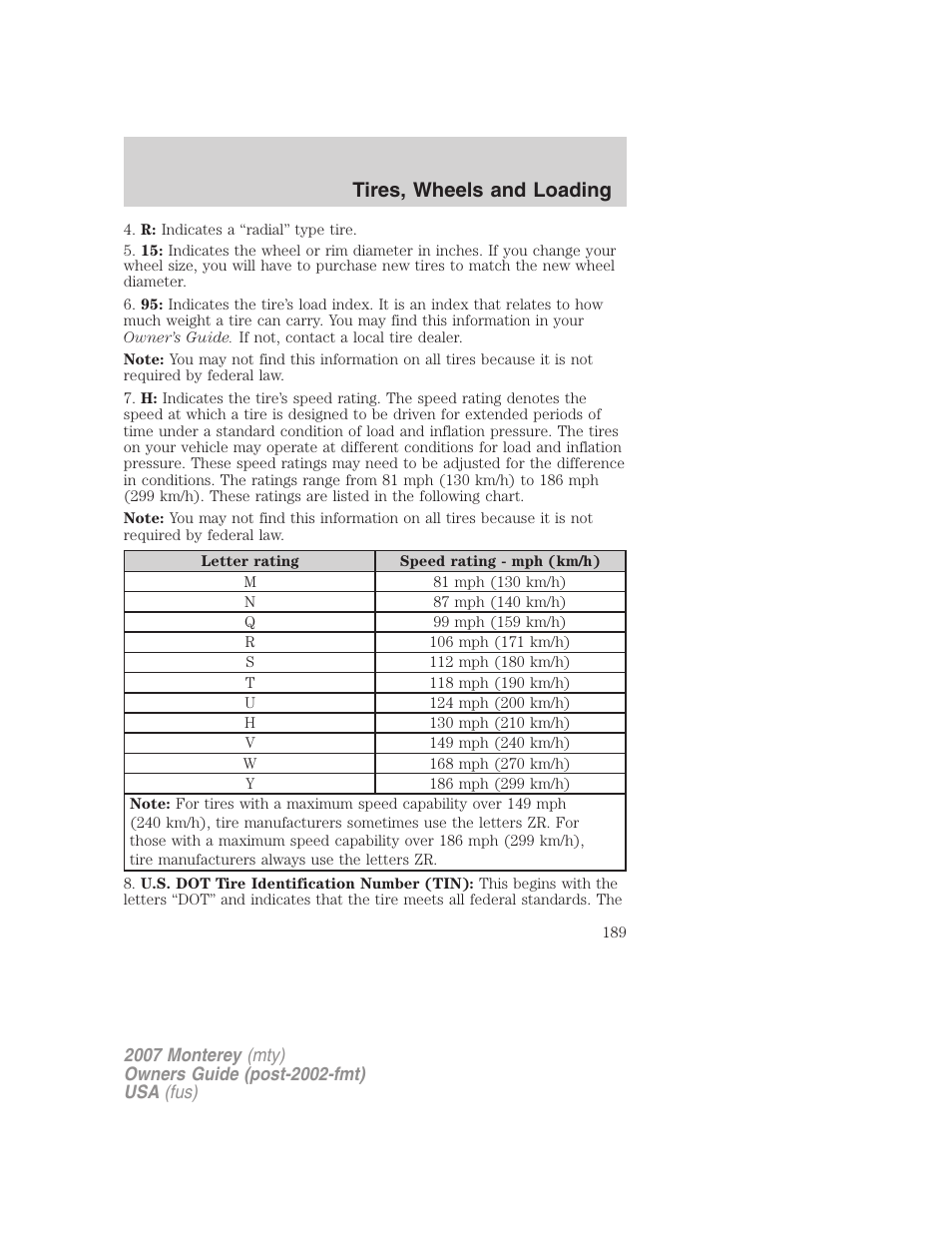 Tires, wheels and loading | Mercury Mariner Hybrid 2007 User Manual | Page 189 / 312