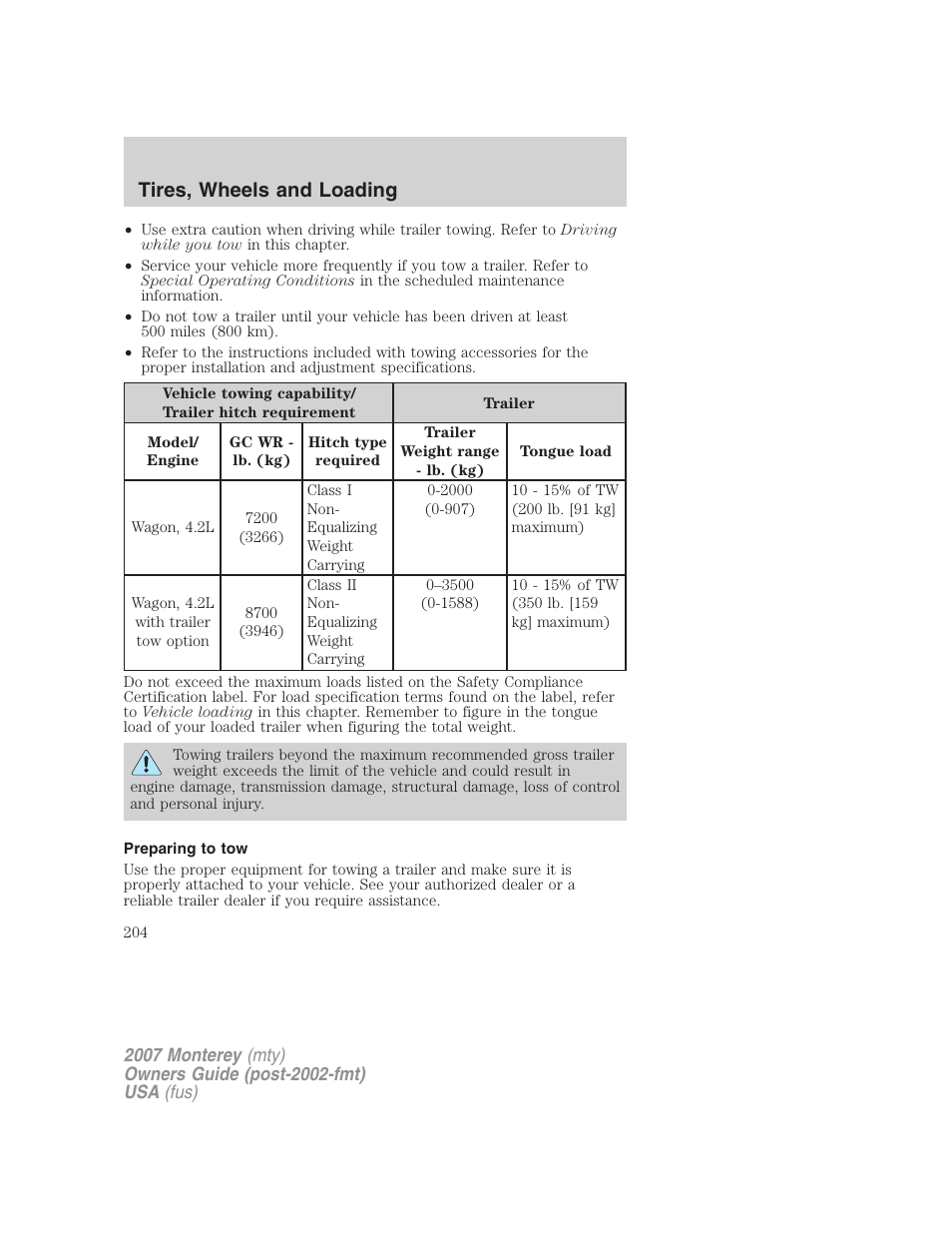 Preparing to tow, Tires, wheels and loading | Mercury Mariner Hybrid 2007 User Manual | Page 204 / 312