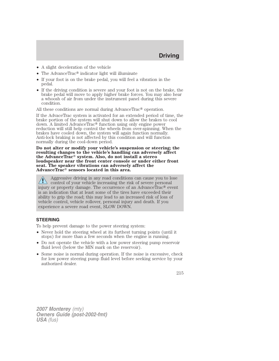 Steering, Driving | Mercury Mariner Hybrid 2007 User Manual | Page 215 / 312