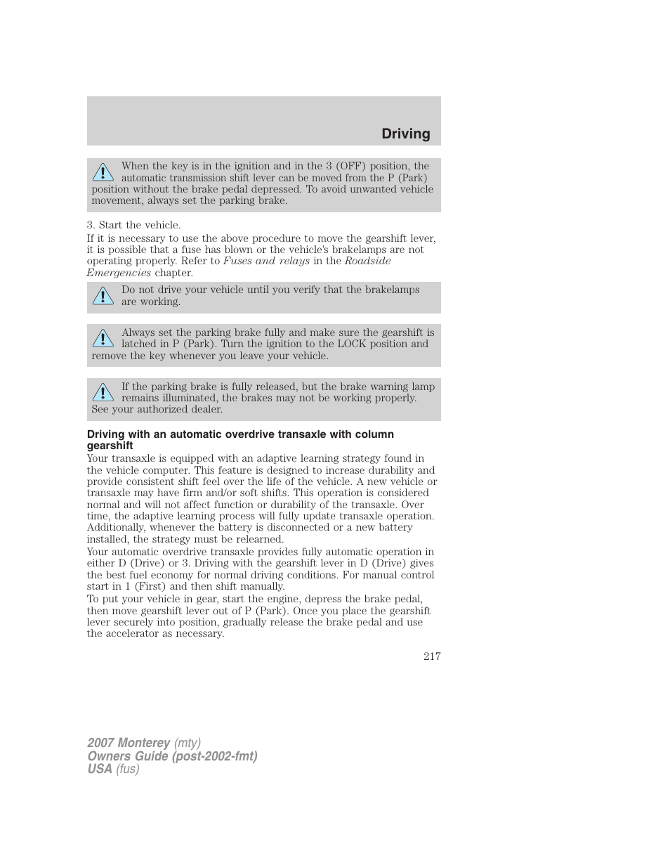 Driving | Mercury Mariner Hybrid 2007 User Manual | Page 217 / 312