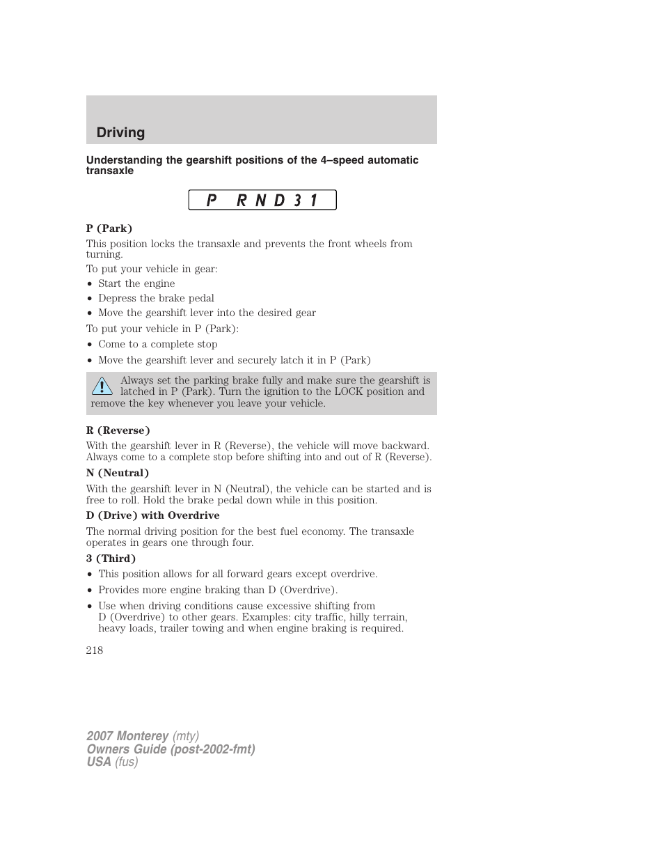 Driving | Mercury Mariner Hybrid 2007 User Manual | Page 218 / 312