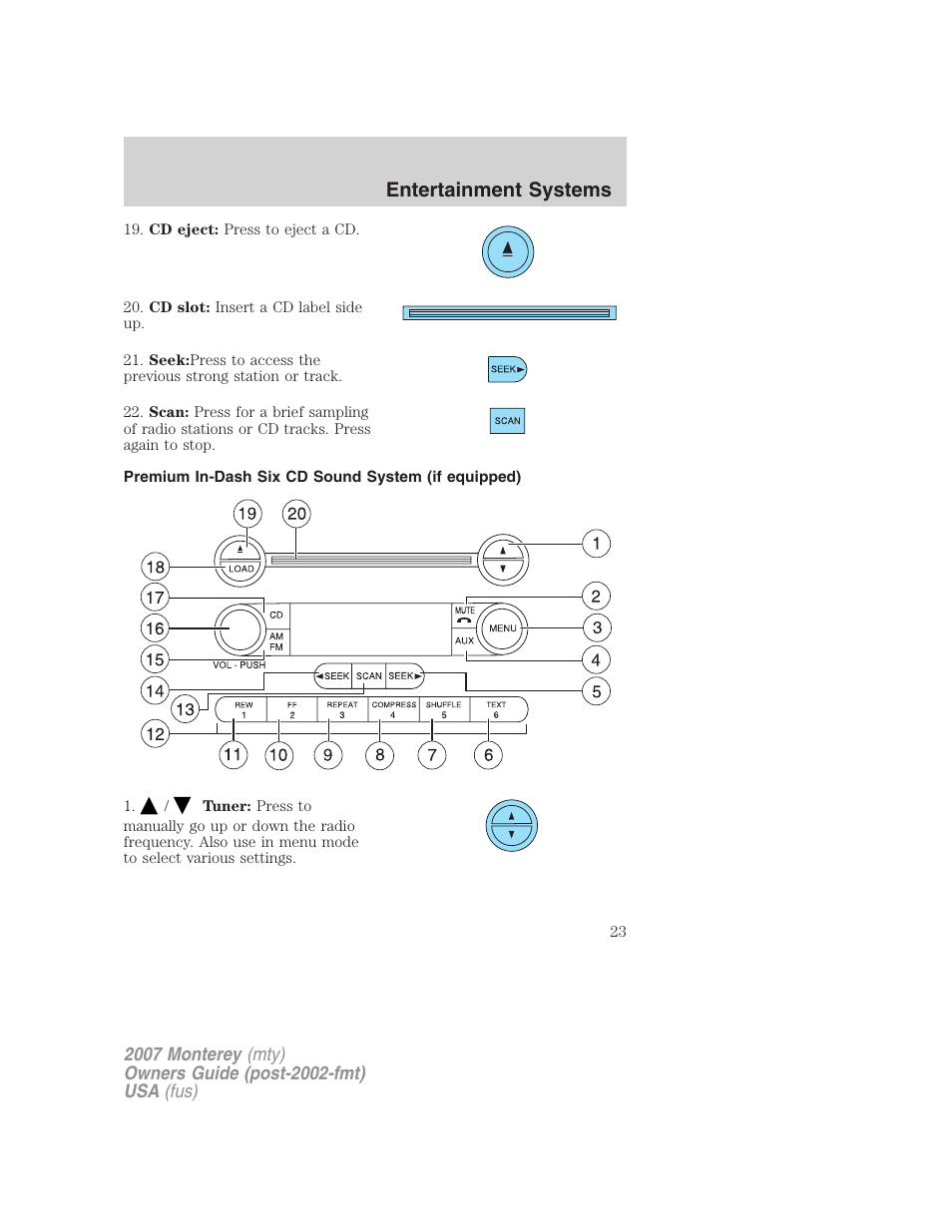 Premium in-dash six cd sound system (if equipped), Entertainment systems | Mercury Mariner Hybrid 2007 User Manual | Page 23 / 312