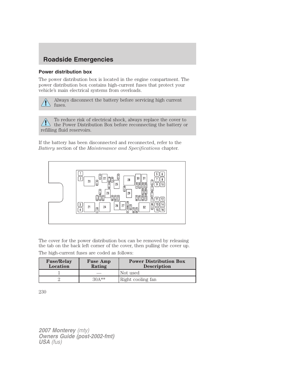 Power distribution box, Roadside emergencies | Mercury Mariner Hybrid 2007 User Manual | Page 230 / 312