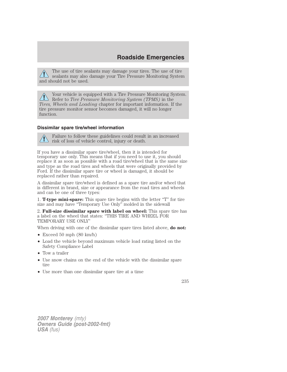 Dissimilar spare tire/wheel information, Roadside emergencies | Mercury Mariner Hybrid 2007 User Manual | Page 235 / 312