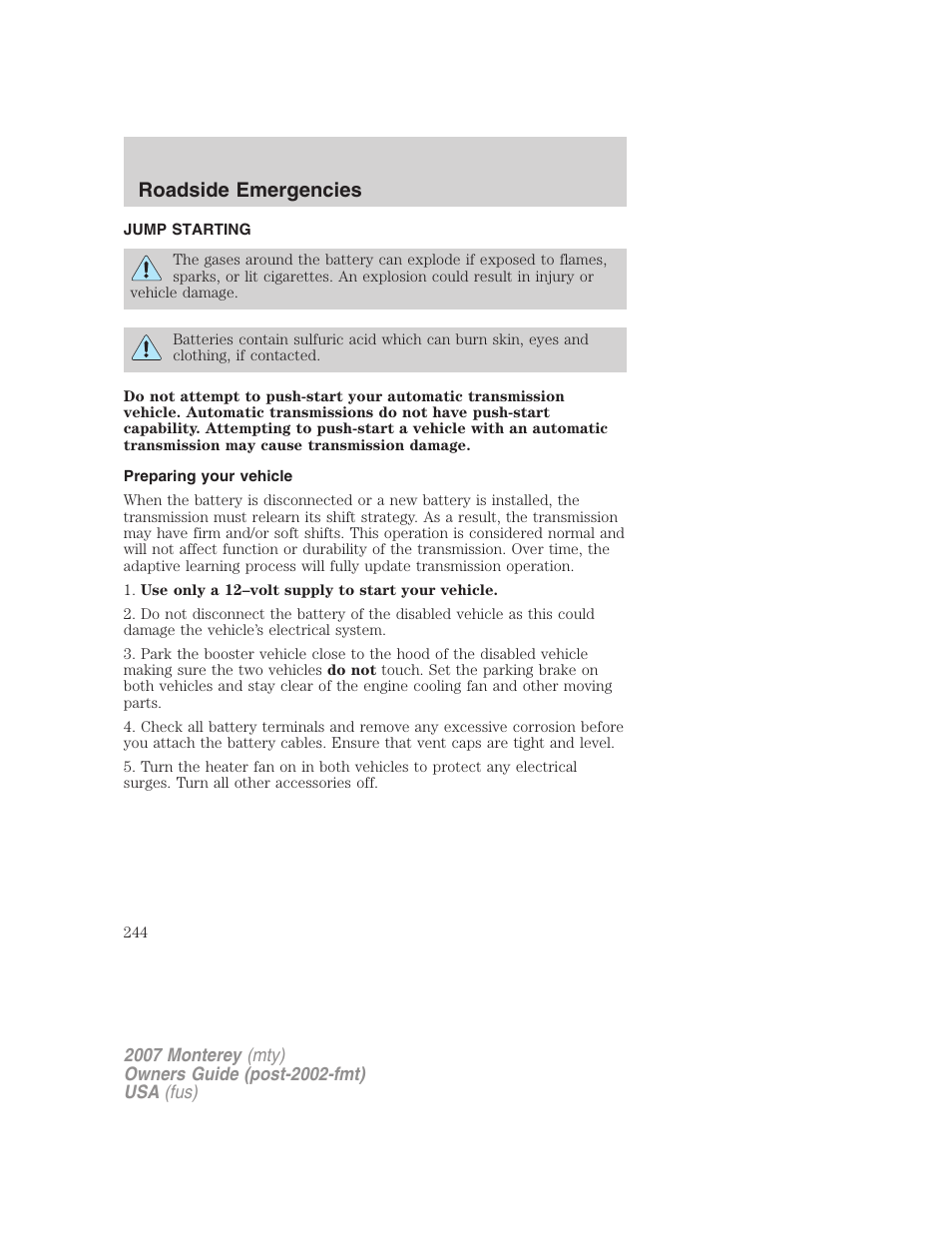 Jump starting, Preparing your vehicle, Roadside emergencies | Mercury Mariner Hybrid 2007 User Manual | Page 244 / 312