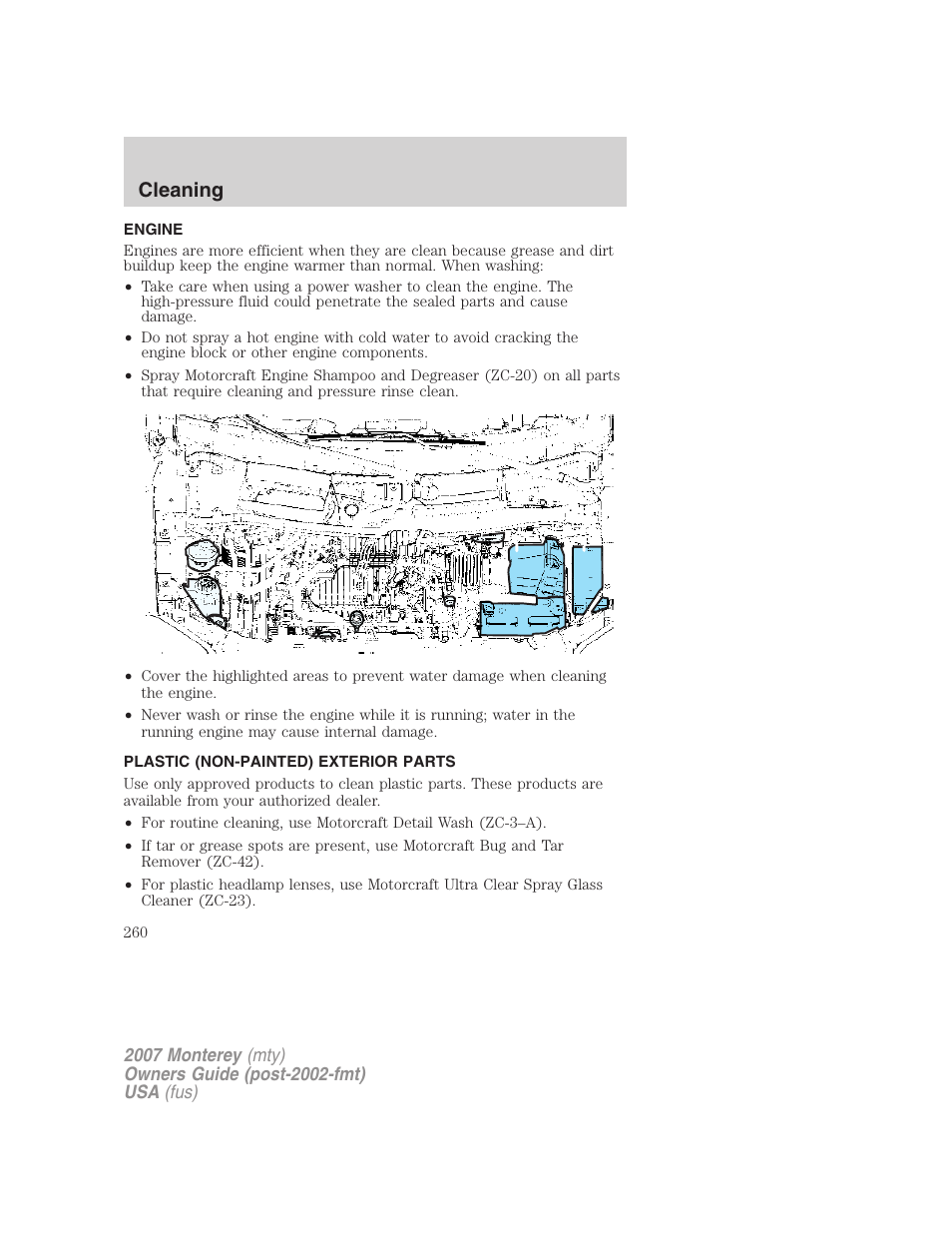 Engine, Plastic (non-painted) exterior parts, Cleaning | Mercury Mariner Hybrid 2007 User Manual | Page 260 / 312