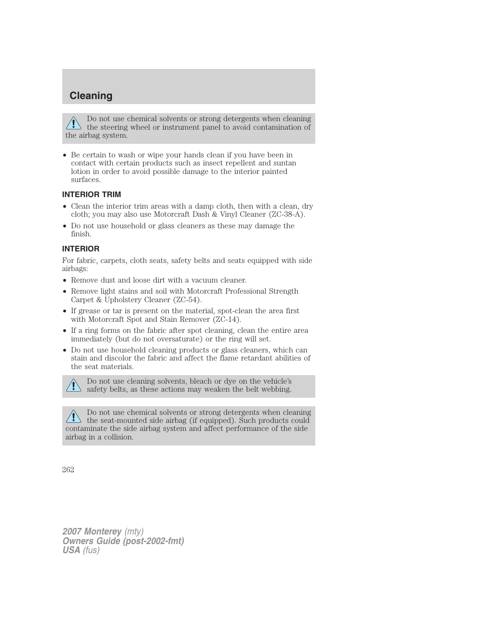 Interior trim, Interior, Cleaning | Mercury Mariner Hybrid 2007 User Manual | Page 262 / 312