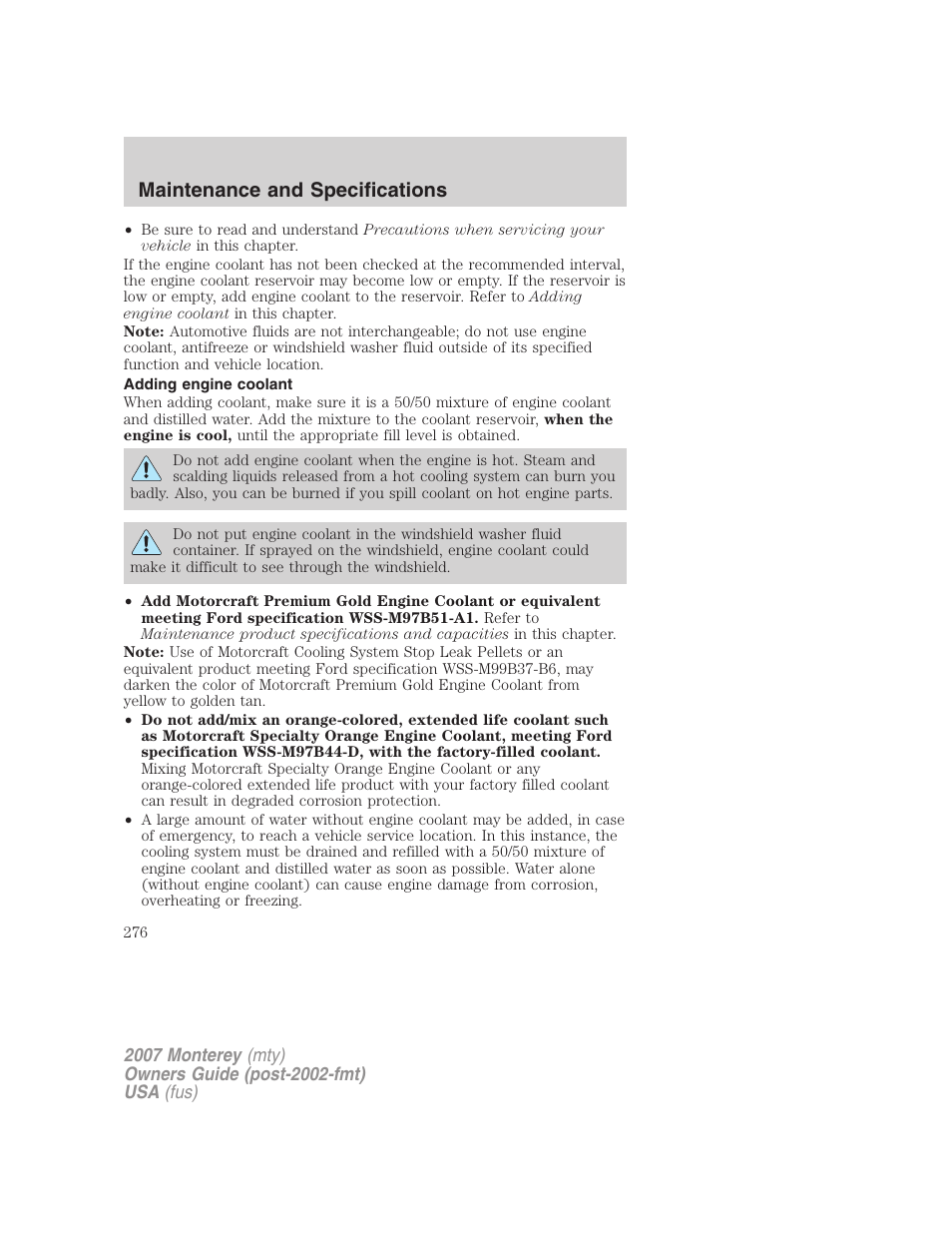 Adding engine coolant, Maintenance and specifications | Mercury Mariner Hybrid 2007 User Manual | Page 276 / 312