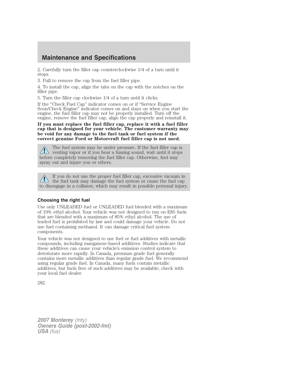 Choosing the right fuel, Maintenance and specifications | Mercury Mariner Hybrid 2007 User Manual | Page 282 / 312