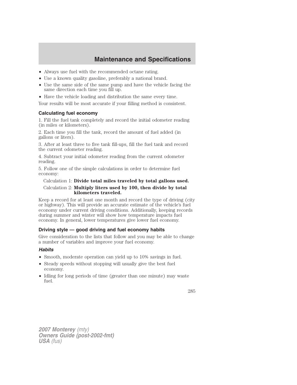 Calculating fuel economy, Habits, Maintenance and specifications | Mercury Mariner Hybrid 2007 User Manual | Page 285 / 312