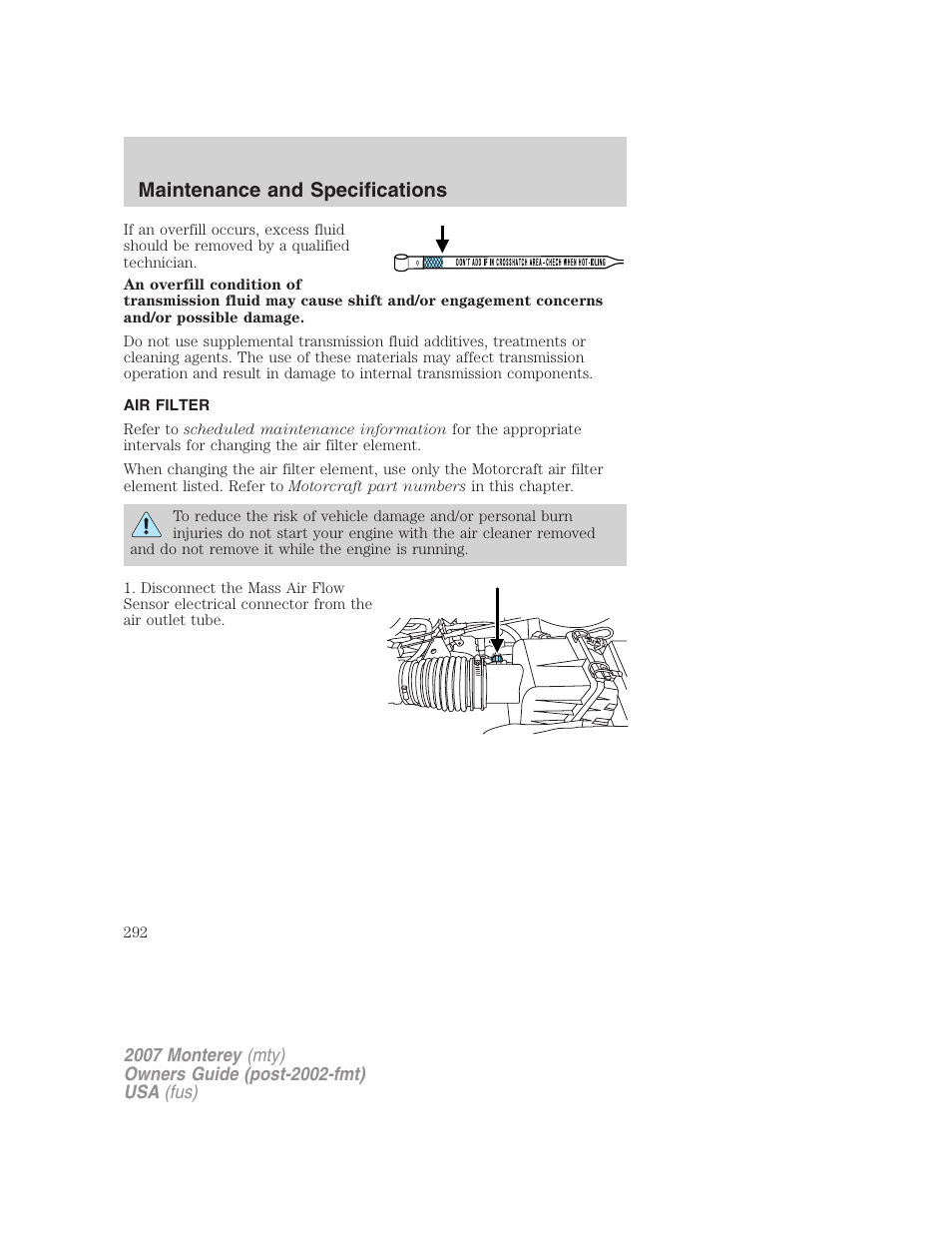 Air filter, Air filter(s), Maintenance and specifications | Mercury Mariner Hybrid 2007 User Manual | Page 292 / 312