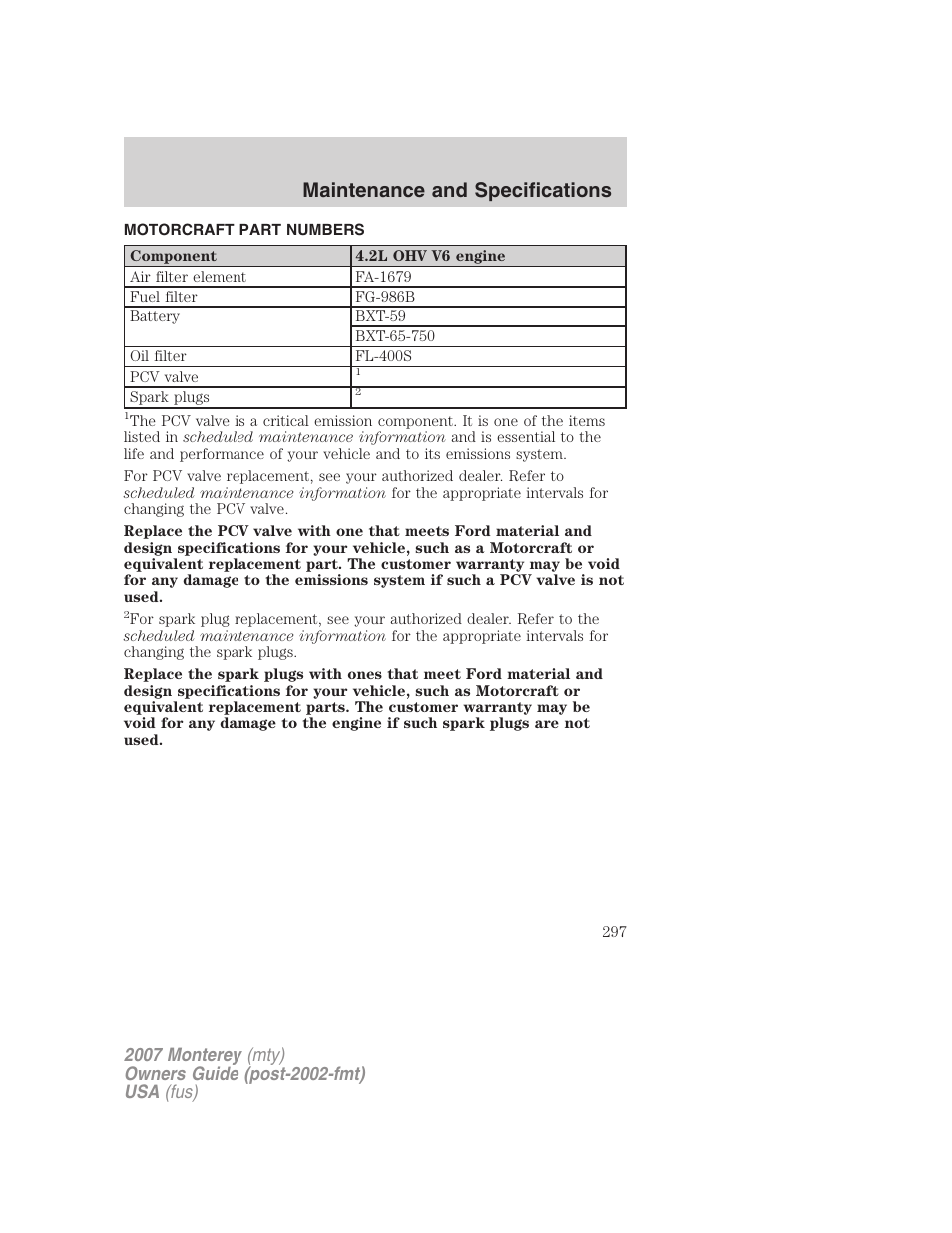 Motorcraft part numbers, Part numbers, Maintenance and specifications | Mercury Mariner Hybrid 2007 User Manual | Page 297 / 312