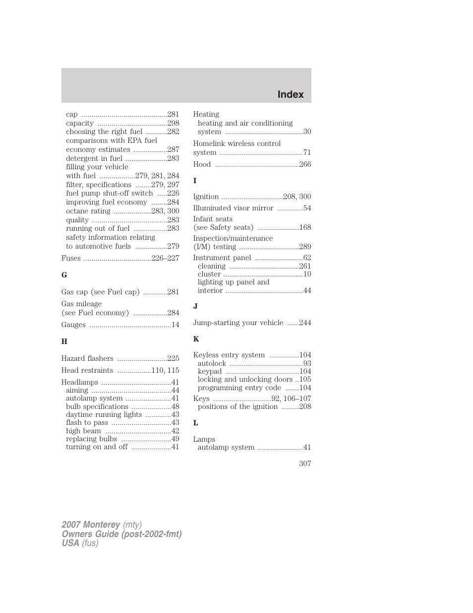 Index | Mercury Mariner Hybrid 2007 User Manual | Page 307 / 312
