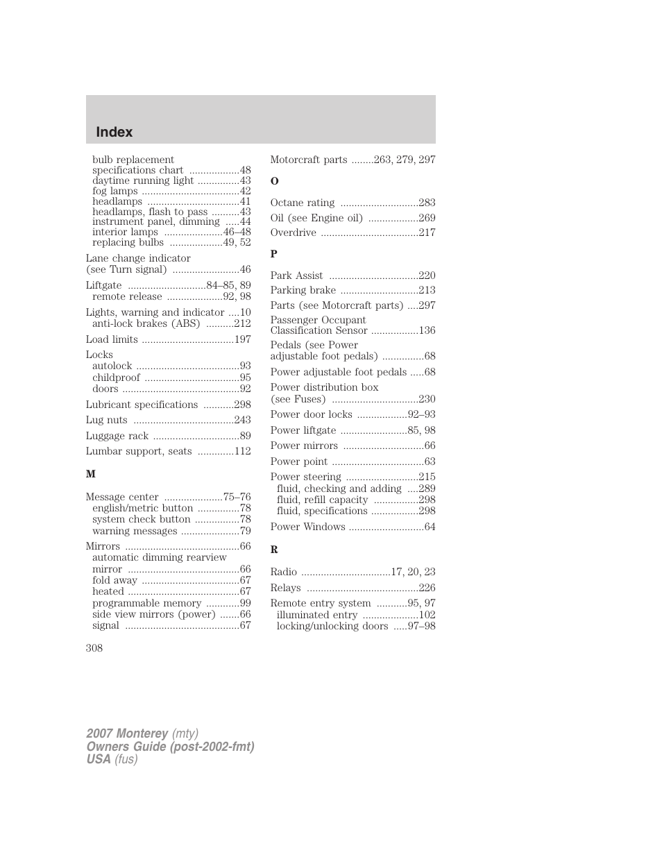 Index | Mercury Mariner Hybrid 2007 User Manual | Page 308 / 312