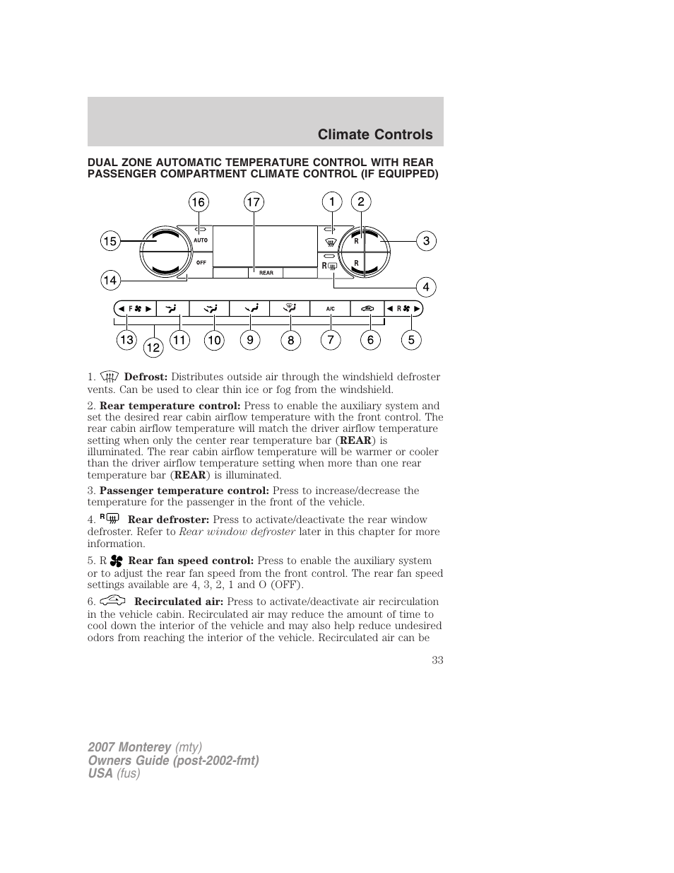 Climate controls | Mercury Mariner Hybrid 2007 User Manual | Page 33 / 312