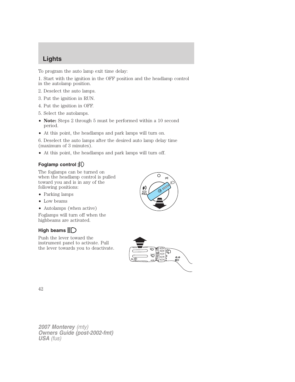 Foglamp control, High beams, Lights | Mercury Mariner Hybrid 2007 User Manual | Page 42 / 312