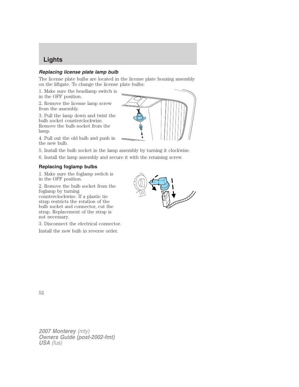 Replacing license plate lamp bulb, Replacing foglamp bulbs, Lights | Mercury Mariner Hybrid 2007 User Manual | Page 52 / 312
