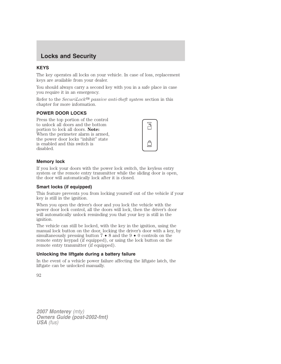 Locks and security, Keys, Power door locks | Memory lock, Smart locks (if equipped), Unlocking the liftgate during a battery failure, Locks | Mercury Mariner Hybrid 2007 User Manual | Page 92 / 312