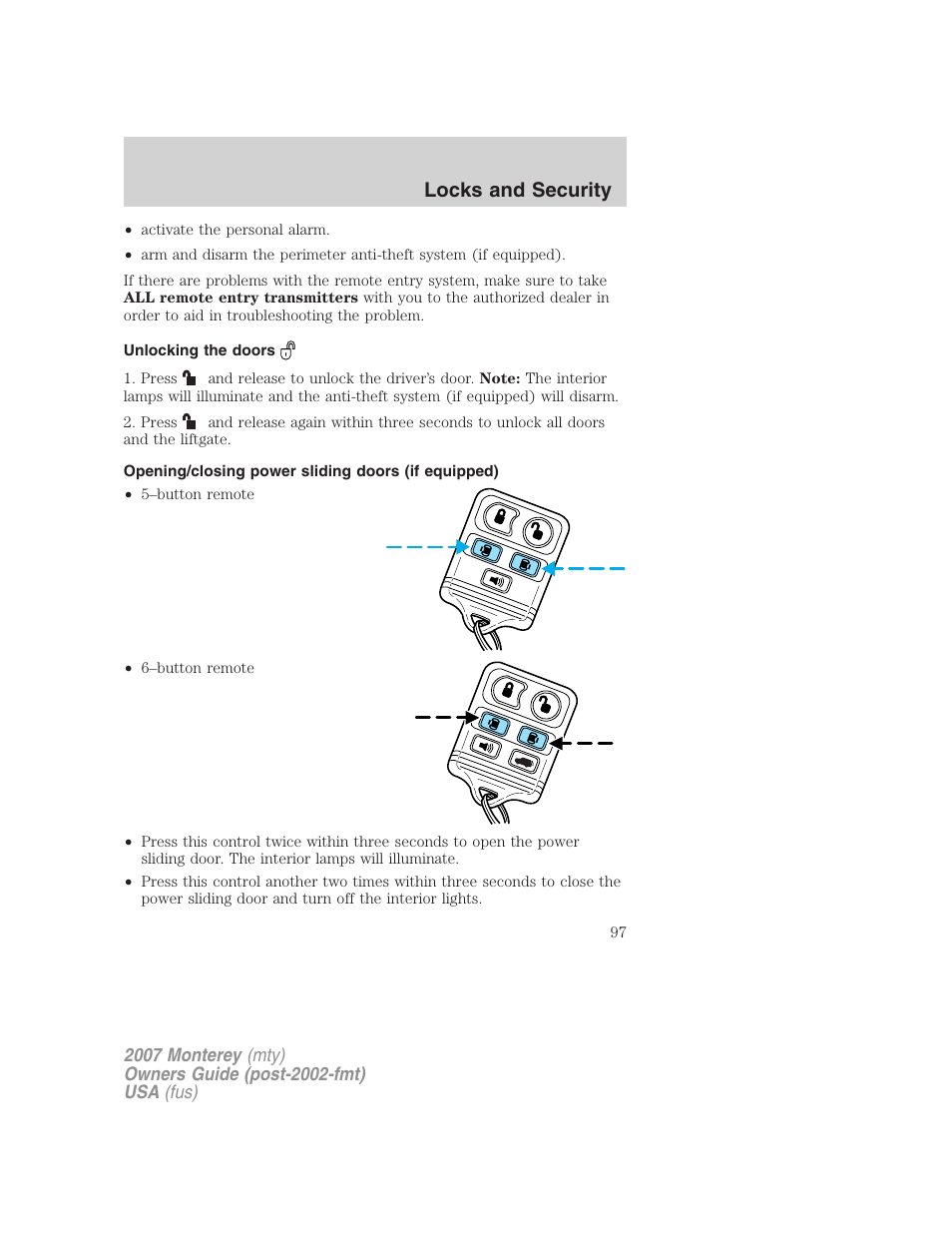 Unlocking the doors, Opening/closing power sliding doors (if equipped), Locks and security | Mercury Mariner Hybrid 2007 User Manual | Page 97 / 312