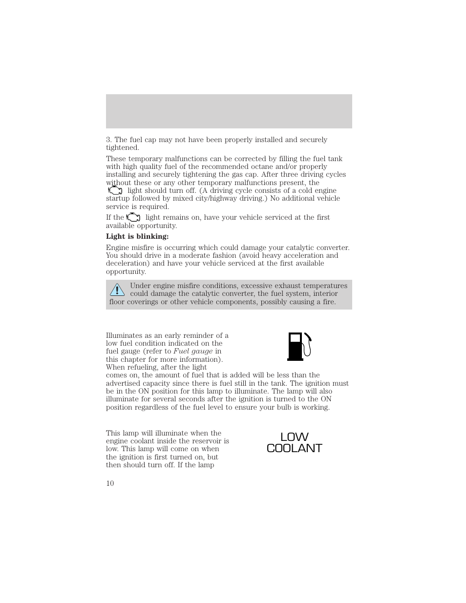 Low coolant, Instrumentation | Mercury Sable 2000 User Manual | Page 10 / 232
