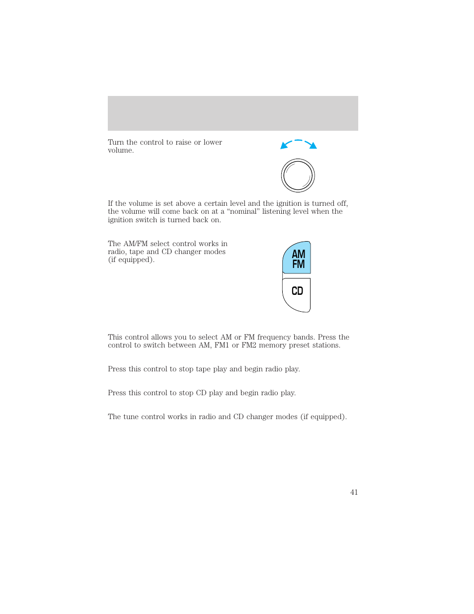 Cd am fm, Controls and features | Mercury 1999 Villager User Manual | Page 41 / 264