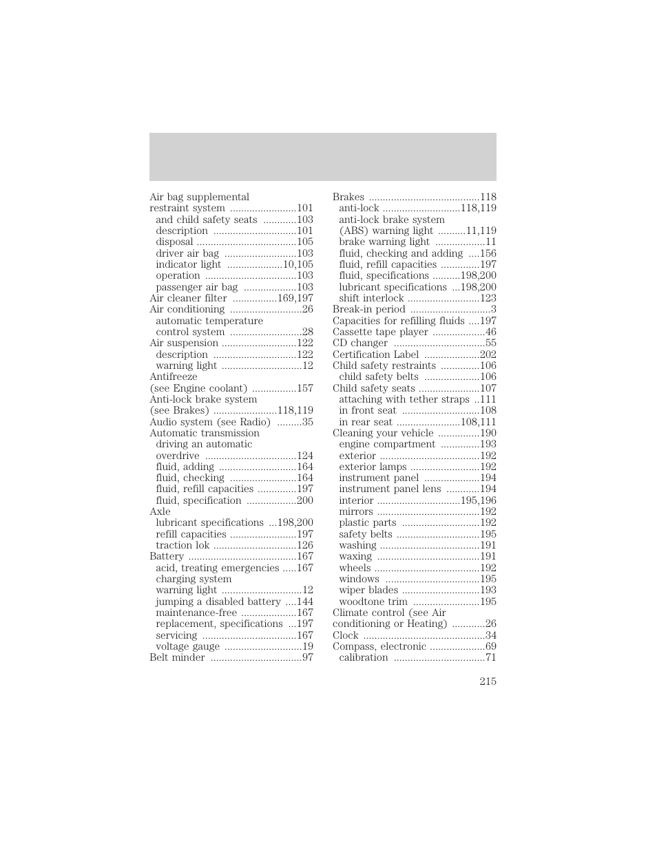 Index | Mercury 2000 Grand Marquis User Manual | Page 215 / 224
