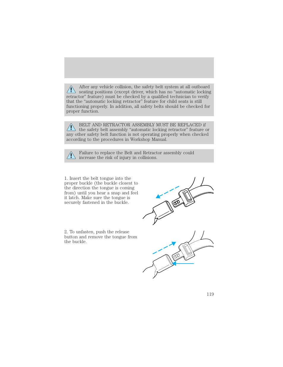 Seating and safety restraints | Mercury Mountaineer 2001 User Manual | Page 119 / 280