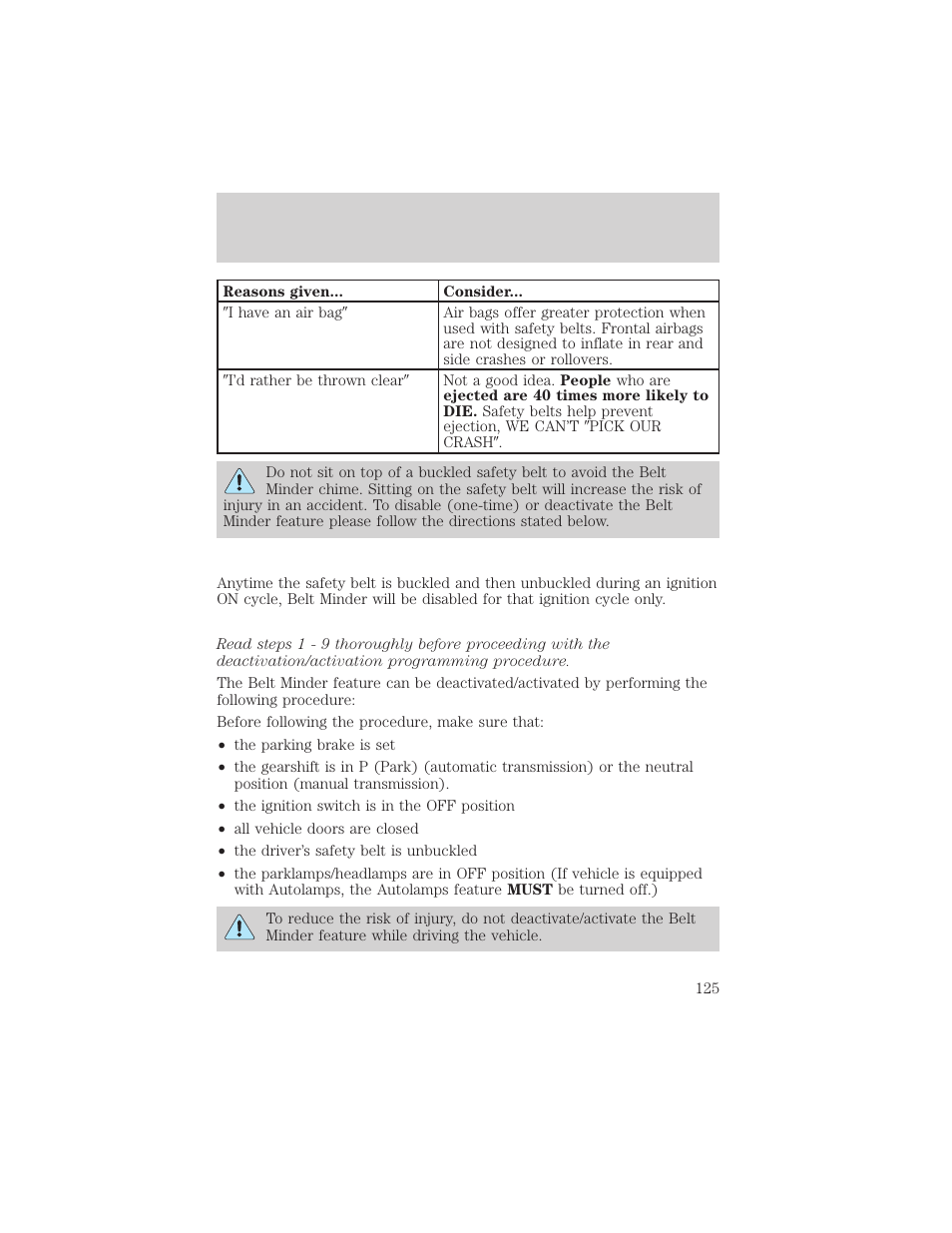 Seating and safety restraints | Mercury Mountaineer 2001 User Manual | Page 125 / 280