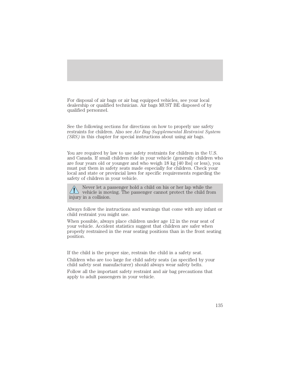 Seating and safety restraints | Mercury Mountaineer 2001 User Manual | Page 135 / 280