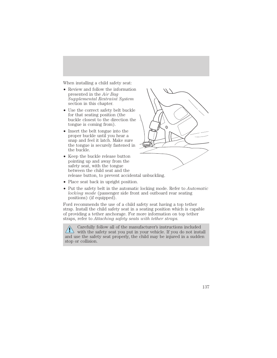 Seating and safety restraints | Mercury Mountaineer 2001 User Manual | Page 137 / 280