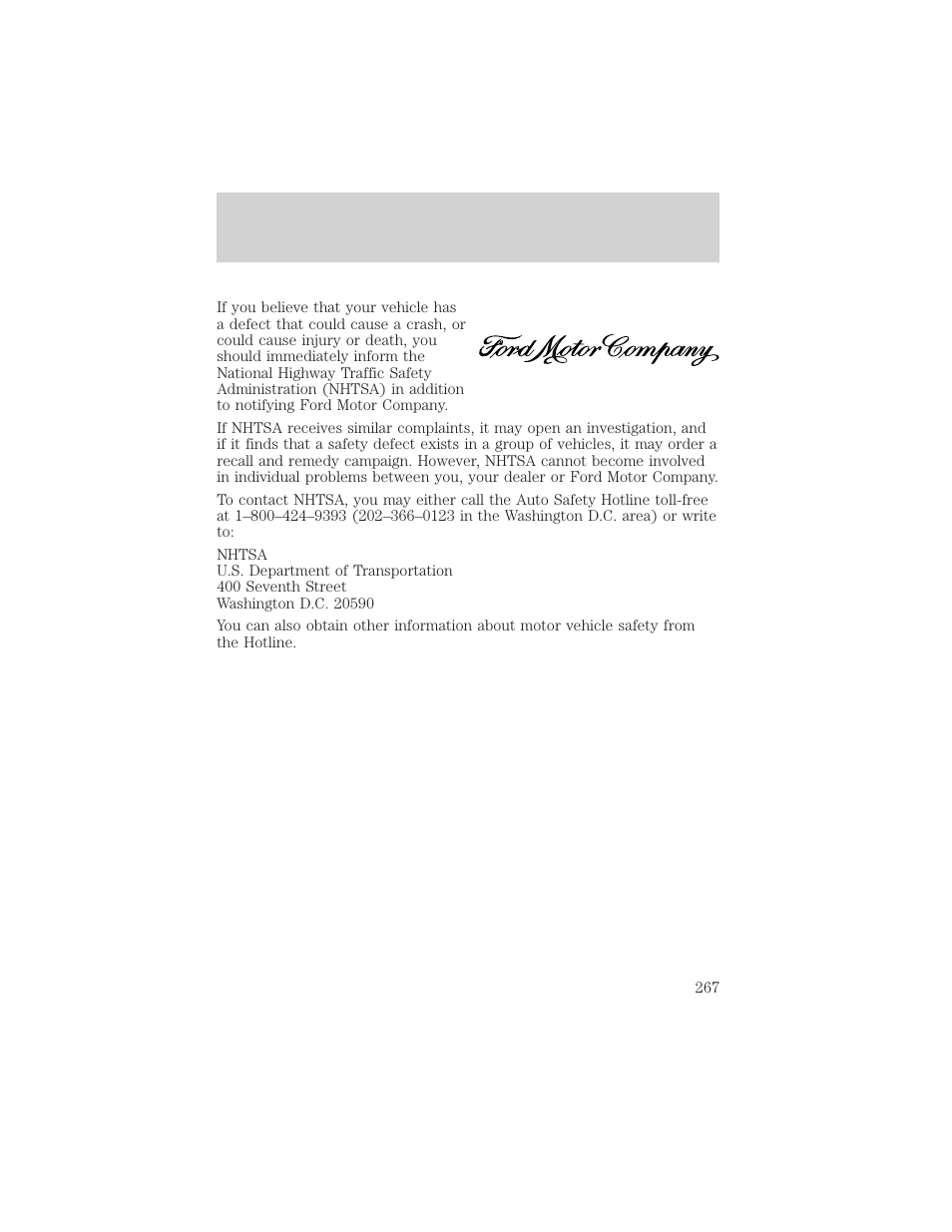 Reporting safety defects | Mercury Mountaineer 2001 User Manual | Page 267 / 280