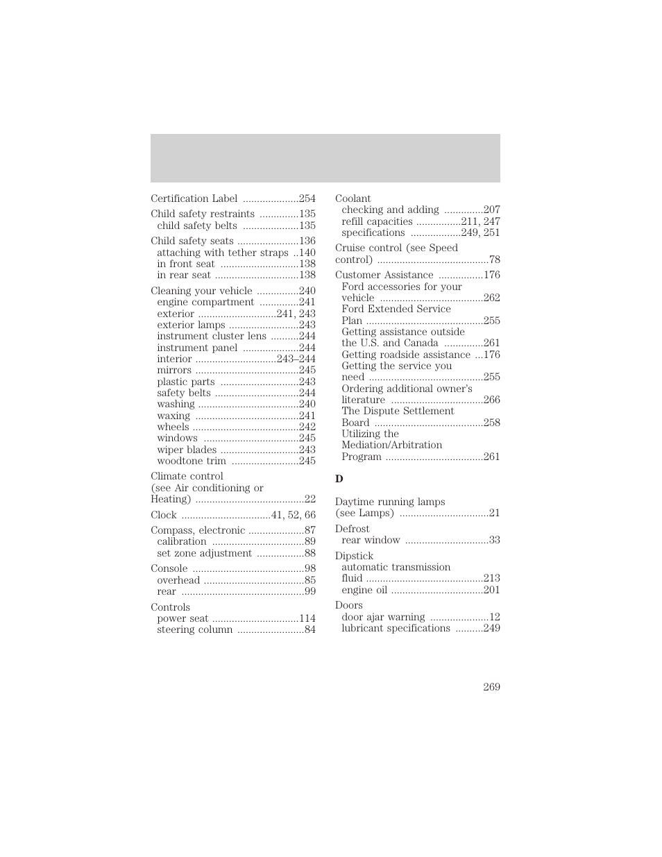 Index | Mercury Mountaineer 2001 User Manual | Page 269 / 280