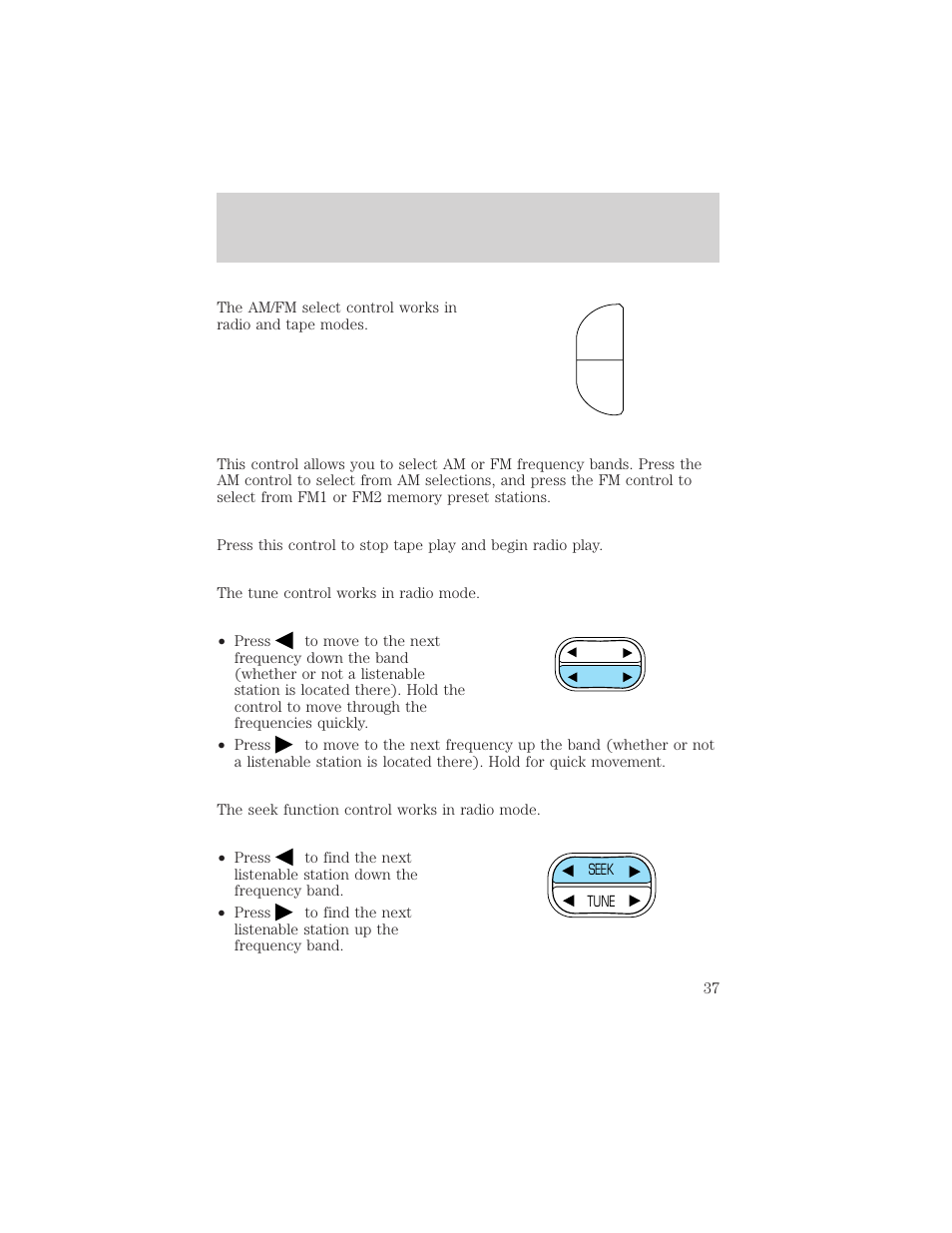 Am fm, Controls and features | Mercury Mountaineer 2001 User Manual | Page 37 / 280
