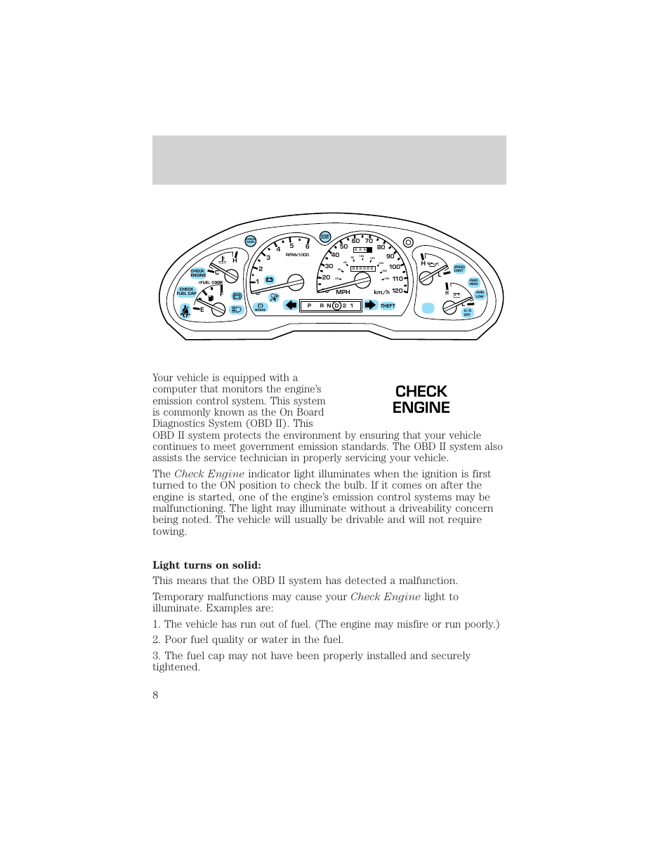 Check engine, Instrumentation | Mercury Mountaineer 2001 User Manual | Page 8 / 280