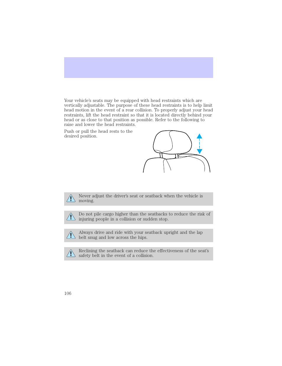 Seating and safety restraints | Mercury Grand Marquis 2002 User Manual | Page 106 / 248