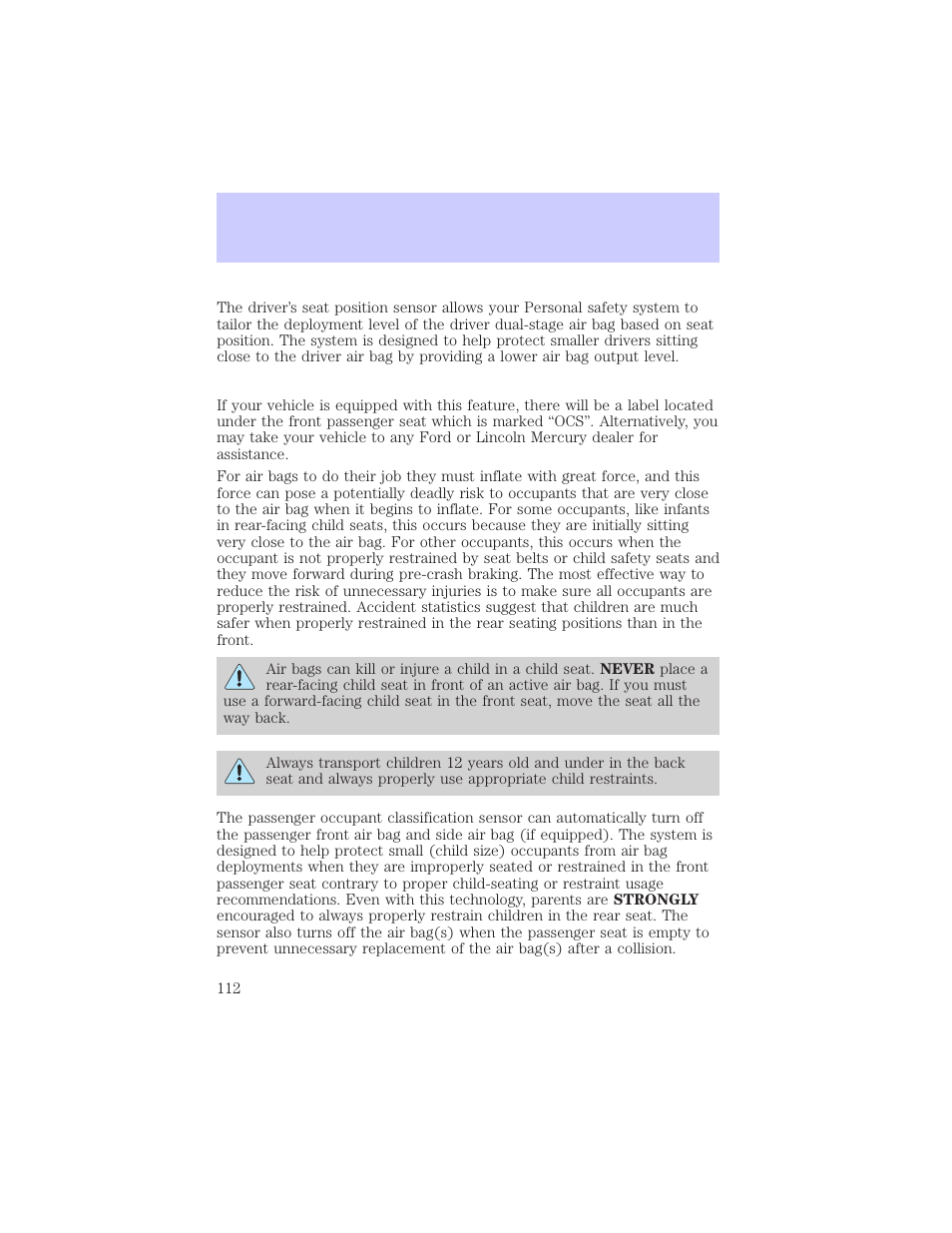 Seating and safety restraints | Mercury Grand Marquis 2002 User Manual | Page 112 / 248