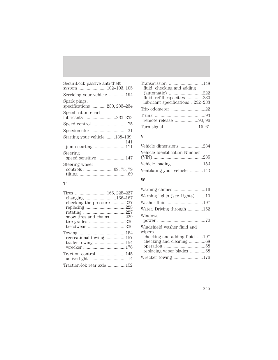 Index | Mercury Grand Marquis 2002 User Manual | Page 245 / 248