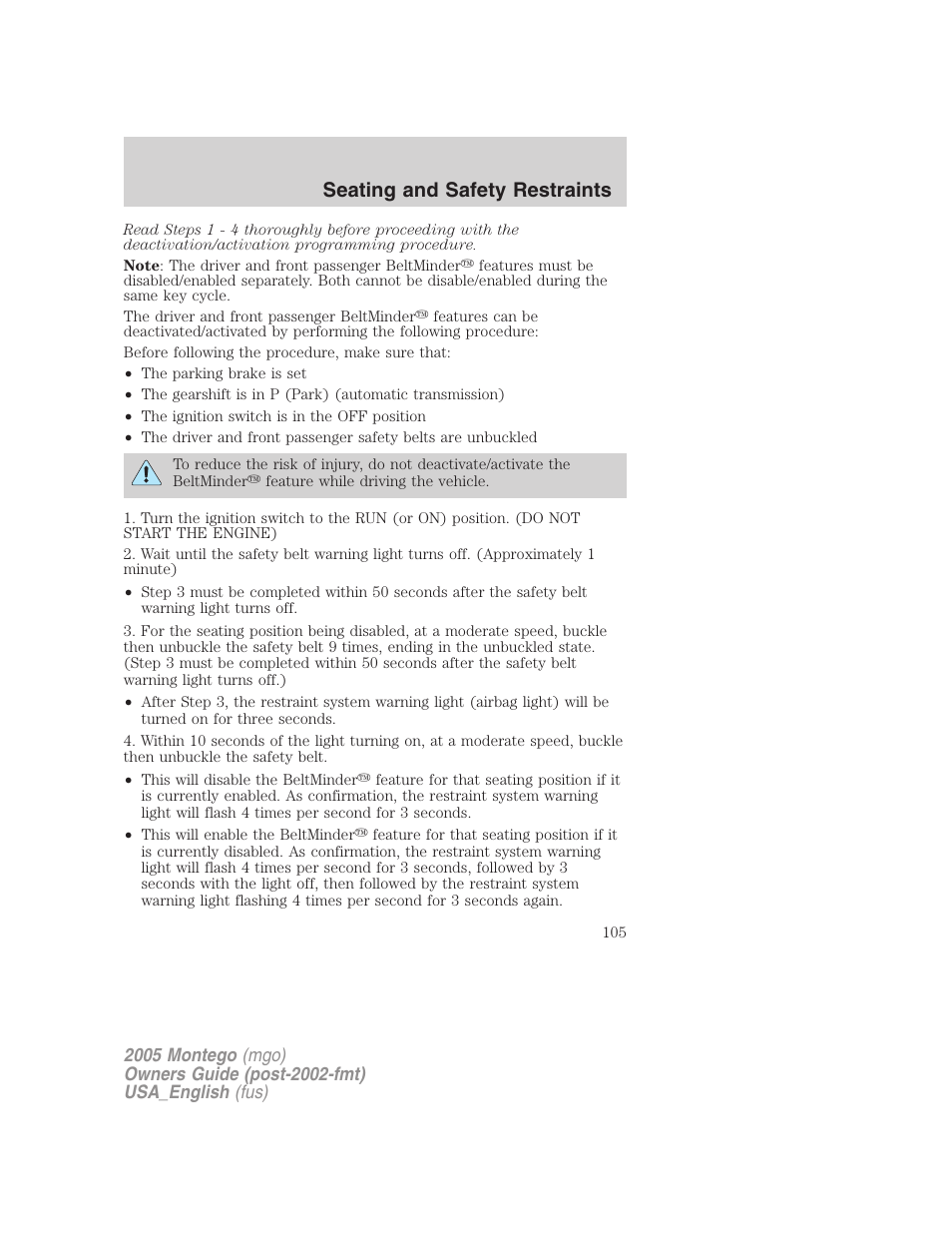 Seating and safety restraints | Mercury Mountaineer 2005 User Manual | Page 105 / 264