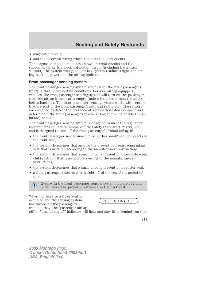 Front passenger sensing system, Seating and safety restraints | Mercury Mountaineer 2005 User Manual | Page 111 / 264