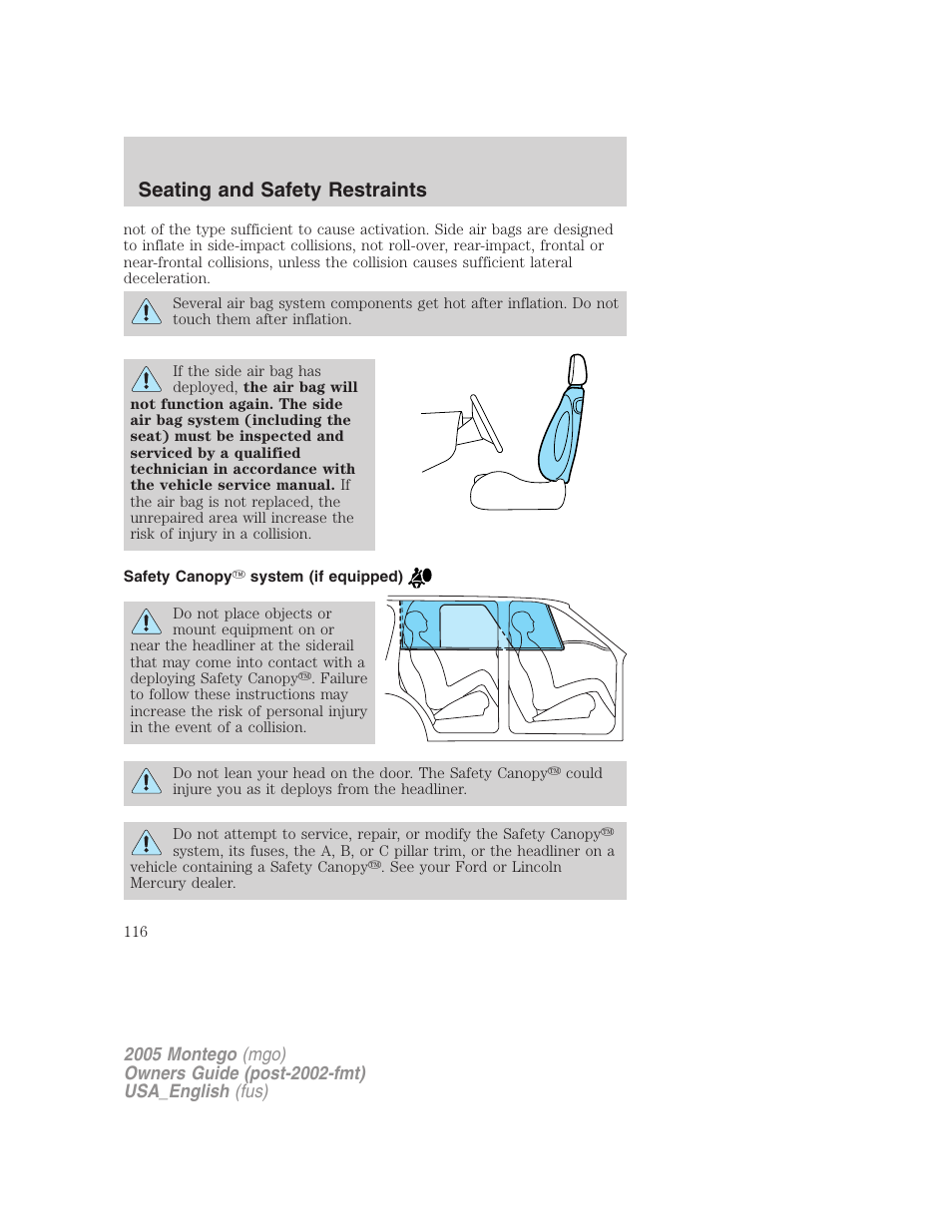 Safety canopy system (if equipped), Seating and safety restraints | Mercury Mountaineer 2005 User Manual | Page 116 / 264