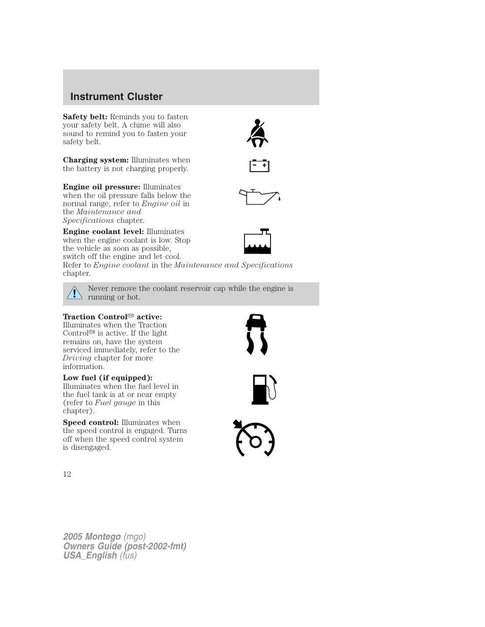 Instrument cluster | Mercury Mountaineer 2005 User Manual | Page 12 / 264