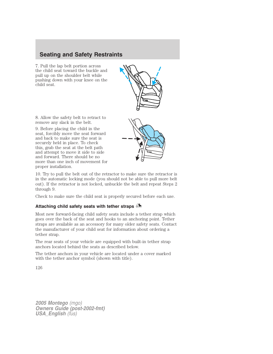 Attaching child safety seats with tether straps, Seating and safety restraints | Mercury Mountaineer 2005 User Manual | Page 126 / 264