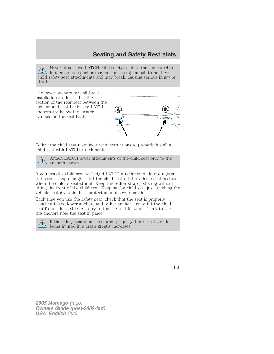 Seating and safety restraints | Mercury Mountaineer 2005 User Manual | Page 129 / 264