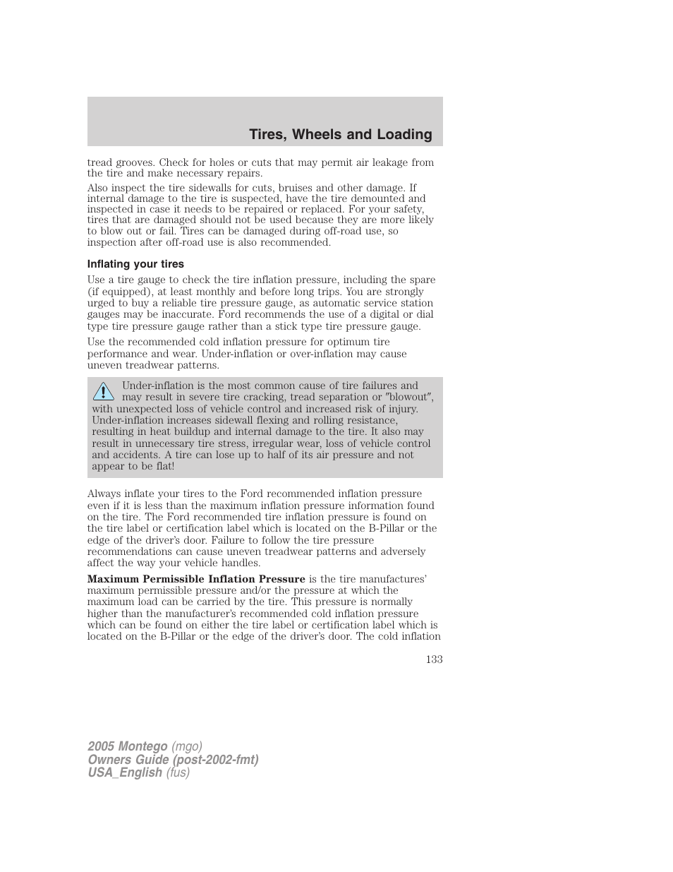 Inflating your tires, Tires, wheels and loading | Mercury Mountaineer 2005 User Manual | Page 133 / 264