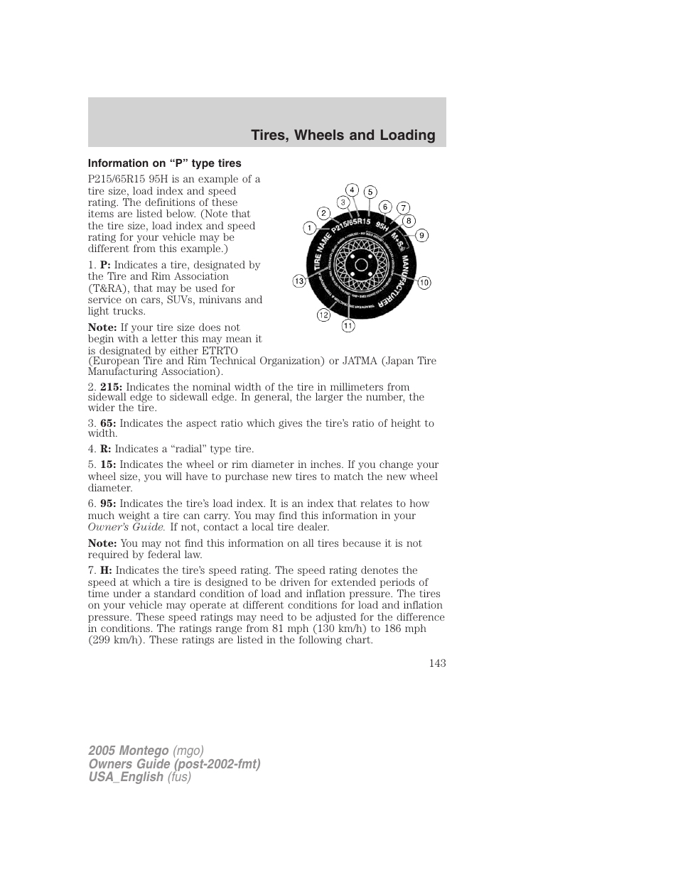 Information on “p” type tires, Tires, wheels and loading | Mercury Mountaineer 2005 User Manual | Page 143 / 264