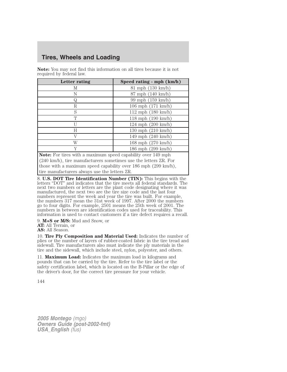 Tires, wheels and loading | Mercury Mountaineer 2005 User Manual | Page 144 / 264